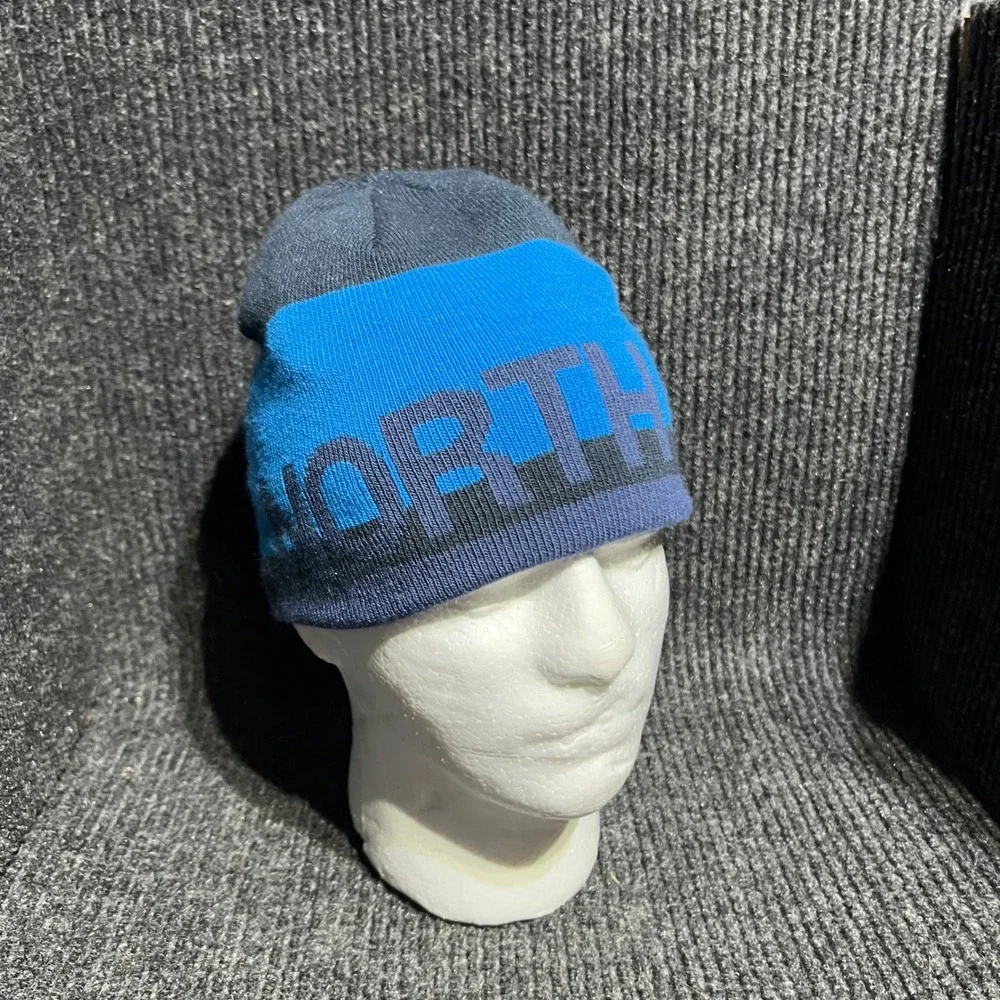 The North Face Beanie Hat Unisex OS Blue Reversible Knit Logo Winter Gorpcore